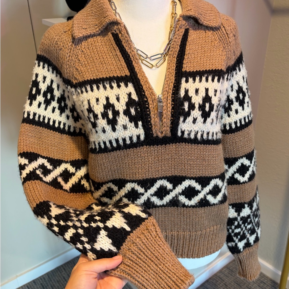 A.L.C. Tan and Black Patterned V-Neck Sweater